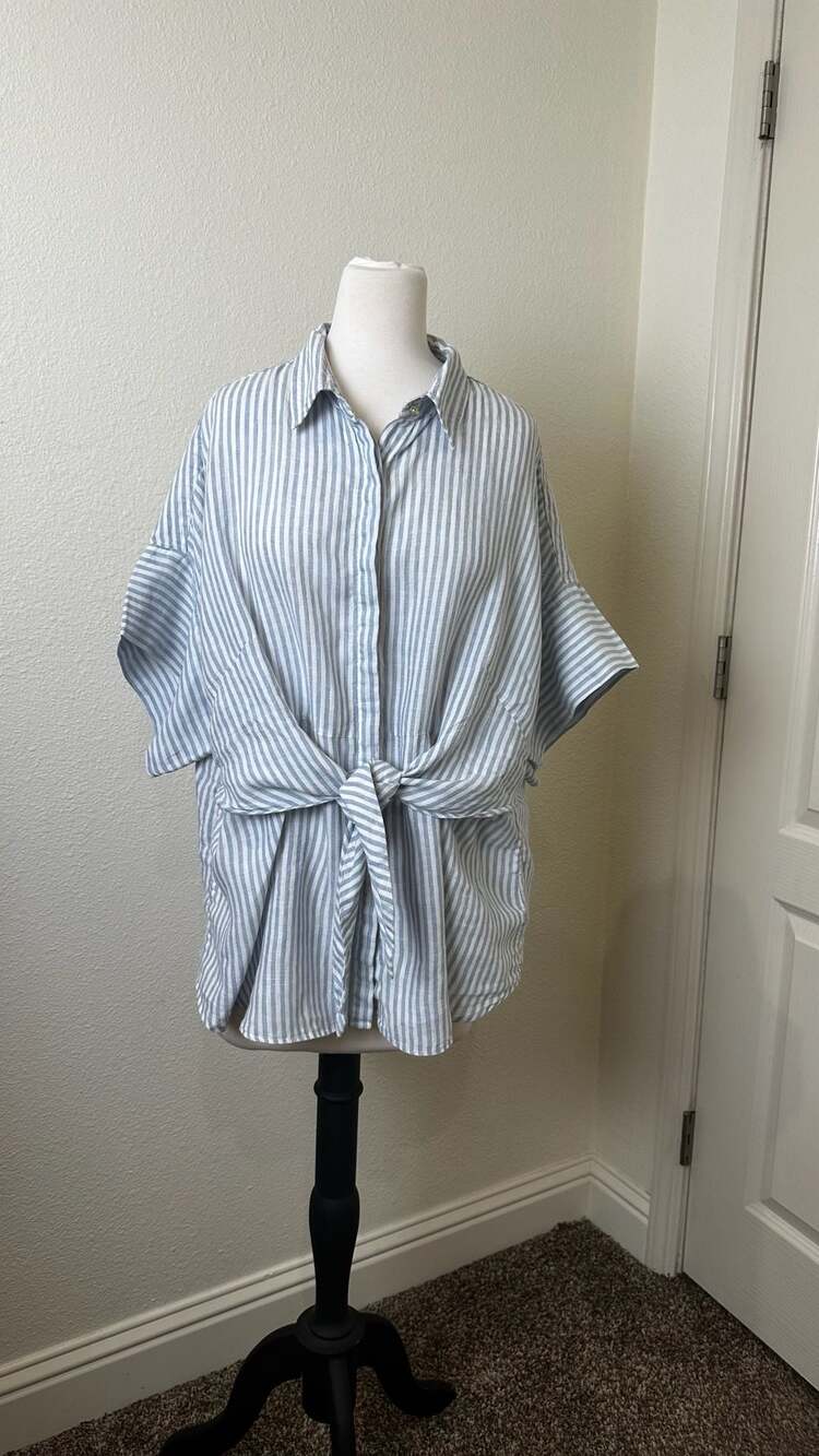 Lauren Ralph Lauren Striped Linen Shirt Size 2X Blue White Tie Front